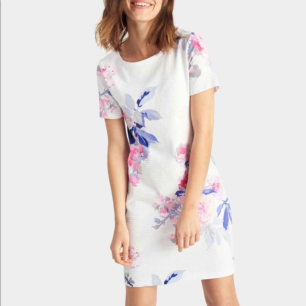 JOULES Riviera White Beau Stripe Printed Jersey T-Shirt Dress (in Size S)